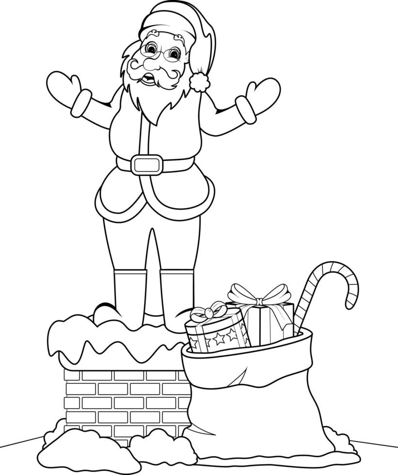 Coloring page. Cartoon funny Santa Claus with gifts on chimney. Children's illustration vector