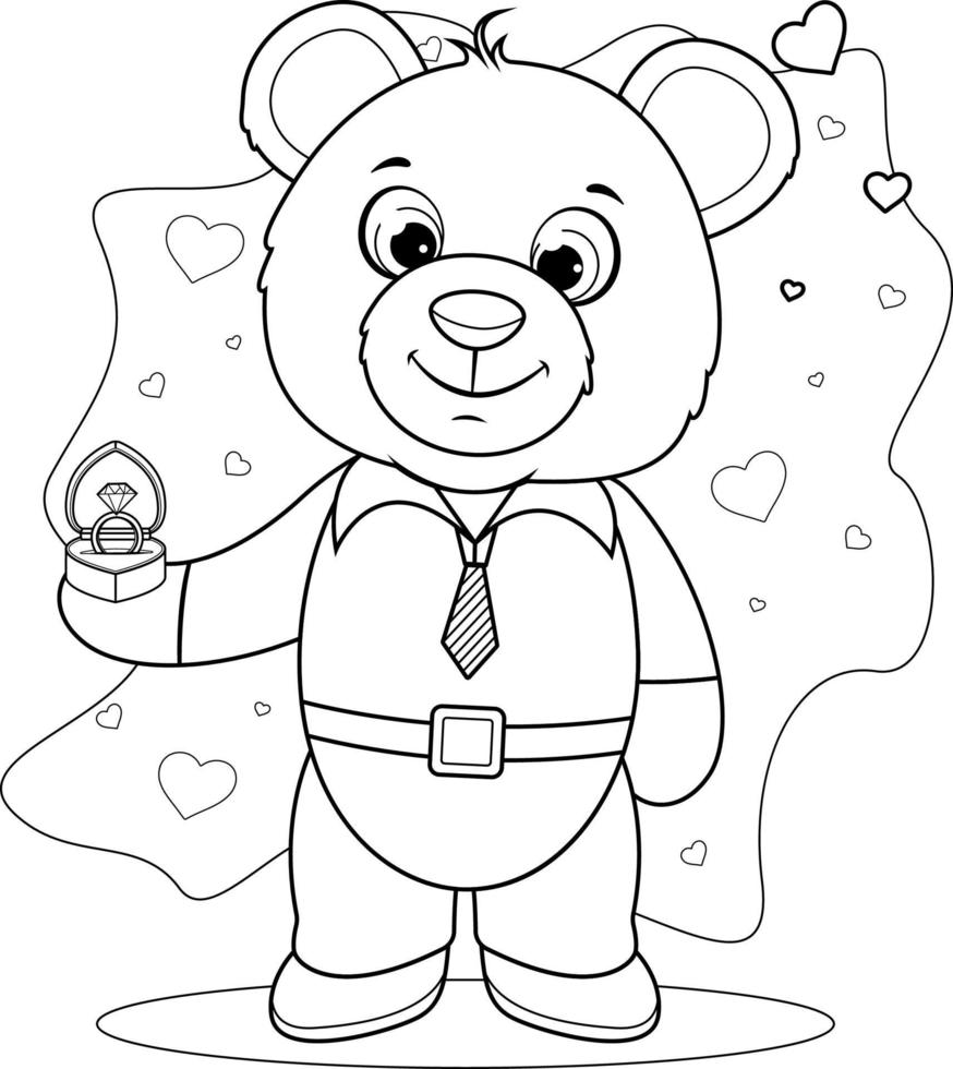 Coloring page. Happy and in love cartoon teddy bear holding ring vector