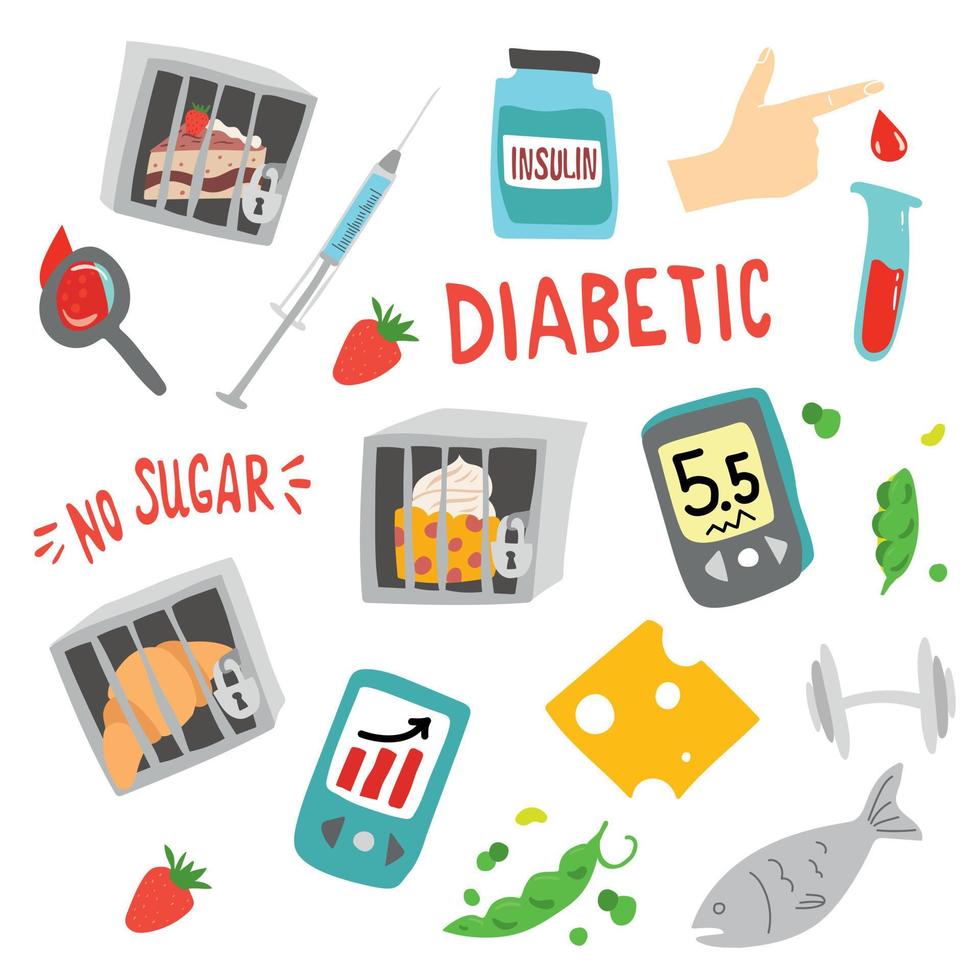 Diabetic elements. Diabeties infographic. Menu bei insulin resistance. healthy food without sugar. Sugar free. vector