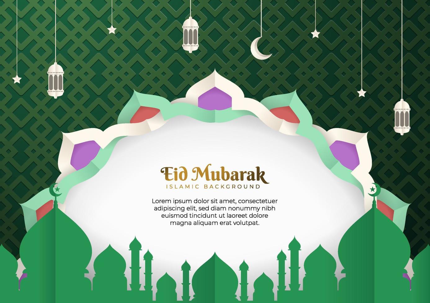 Eid Mubarak vector design greeting card background. Eid al Fitr illustration in a paper-cut style with mosque, crescent, lantern, Arabesque ornament. Suitable for Islamic celebration templates.