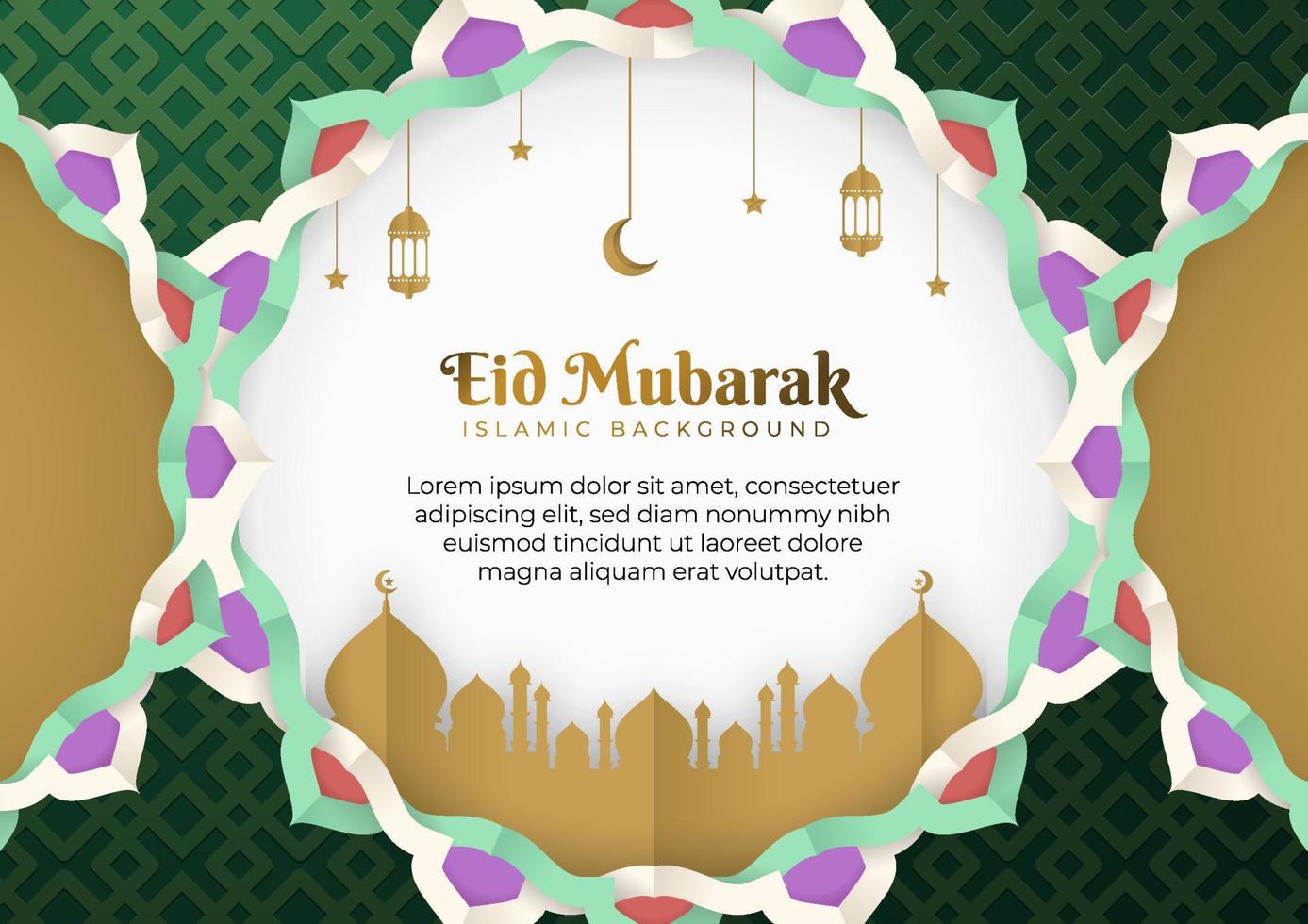 Eid Mubarak vector design greeting card background. Eid al Fitr illustration in a paper-cut style with mosque, crescent, lantern, Arabesque ornament. Suitable for Islamic celebration templates.