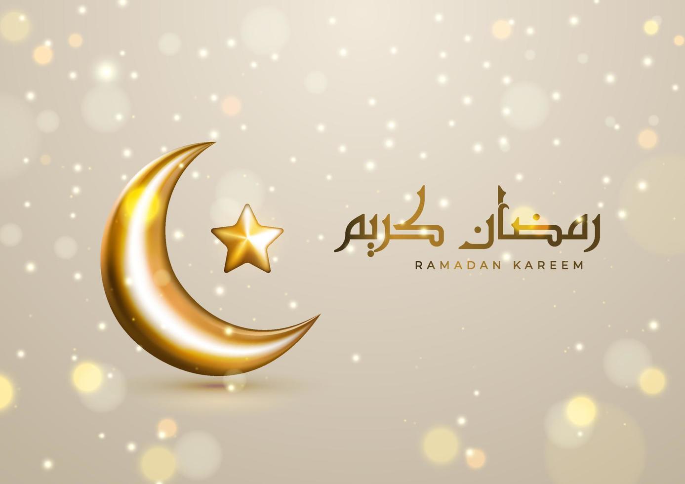 Realistic three-dimensional Ramadan Kareem illustration with Arabic calligraphy, falling blurred particles, and golden crescent vector