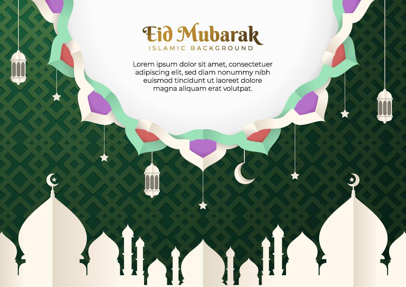 Eid Mubarak vector design greeting card background. Eid al Fitr illustration in a paper-cut style with mosque, crescent, lantern, Arabesque ornament. Suitable for Islamic celebration templates.