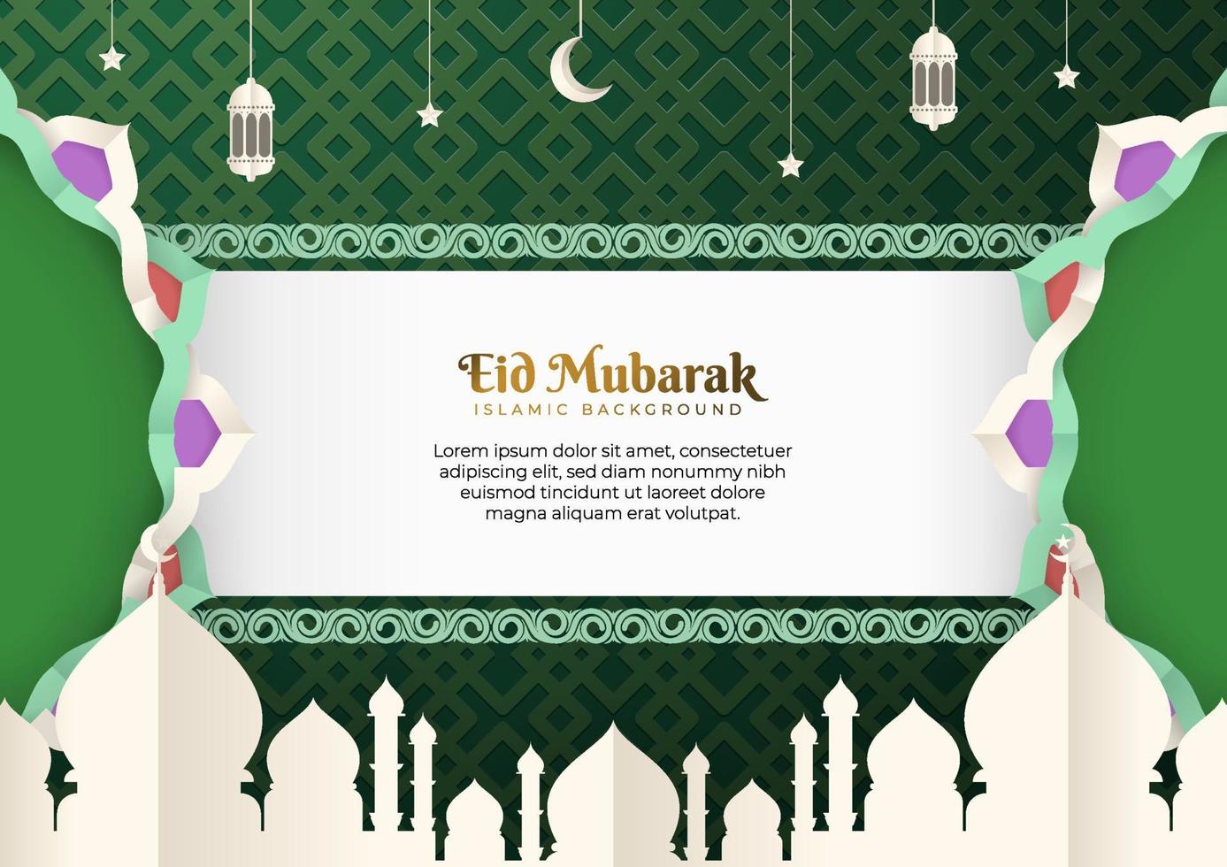 Eid Mubarak vector design greeting card background. Eid al Fitr illustration in a paper-cut style with mosque, crescent, lantern, Arabesque ornament. Suitable for Islamic celebration templates.