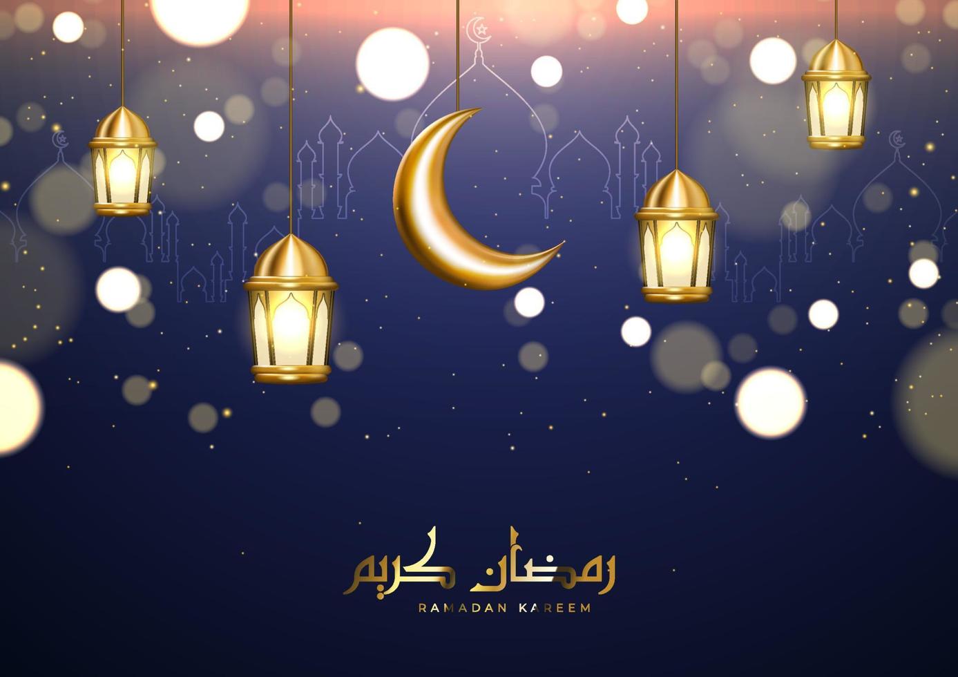 Beautiful Ramadan Kareem background with Arabic calligraphy and falling glitter particles. Islamic elements hanging on a dark background vector