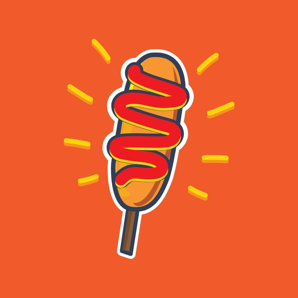 delicioso corndog con diseño de vector de color plano de ketchup para icono de comida, símbolo y logotipo. eps 10 trazo editable