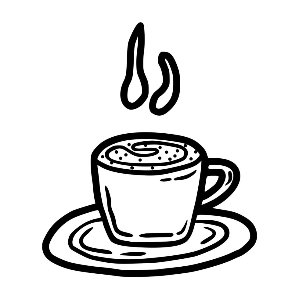 contorno dibujado a mano una taza de café con leche caliente en el icono de vector de platillo