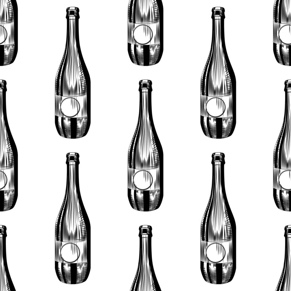 Hand drawn cider bottle seamless pattern. Craft beer bottle backdrop. vector