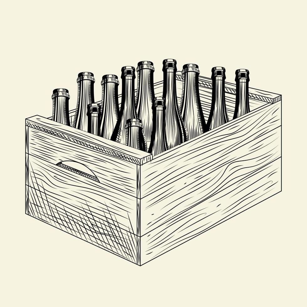 Craft beer in wooden crate box. Box of alcohol bottle. Apple cider in case box vector