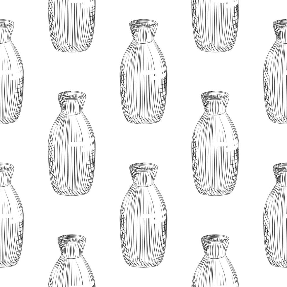 Japanese sake seamless pattern on white background. Ceramic bottle sake hand drawn sketch. vector