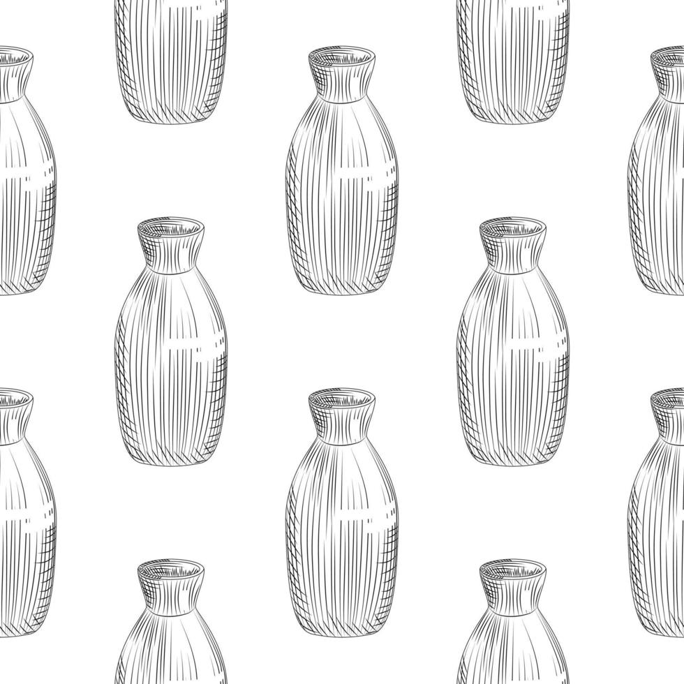 Japanese sake seamless pattern on white background. Ceramic bottle sake hand drawn sketch. vector