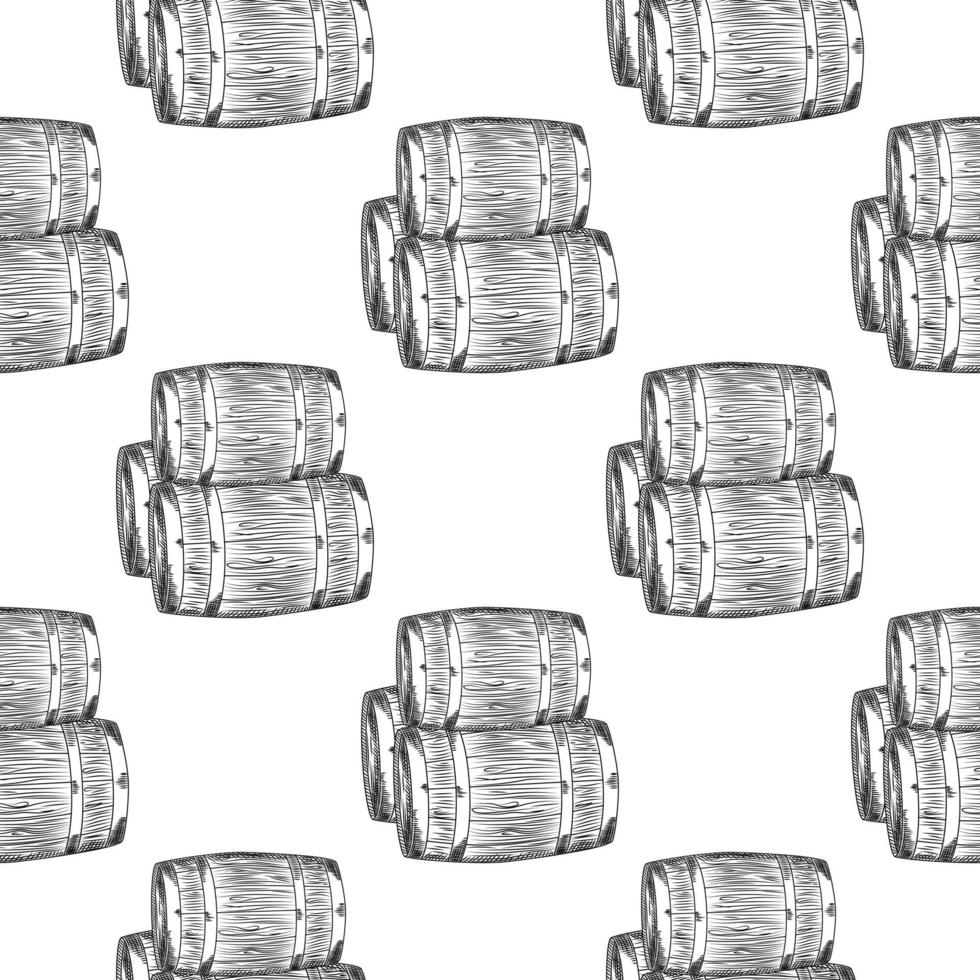 Hand drawn wood barrel seamless pattern on white background. vector