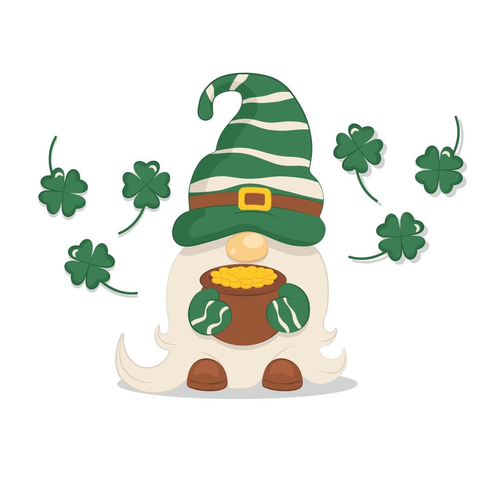 Cute Gnome in a Green Hat with White Stripes with a Pot of Gold and a Four Leaf Clover St Patricks Day vector