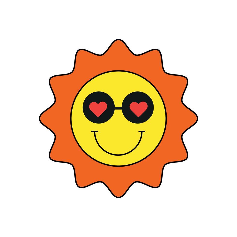 lindo sol sonriente en gafas de sol con pegatina de corazones para el día de san valentín vector