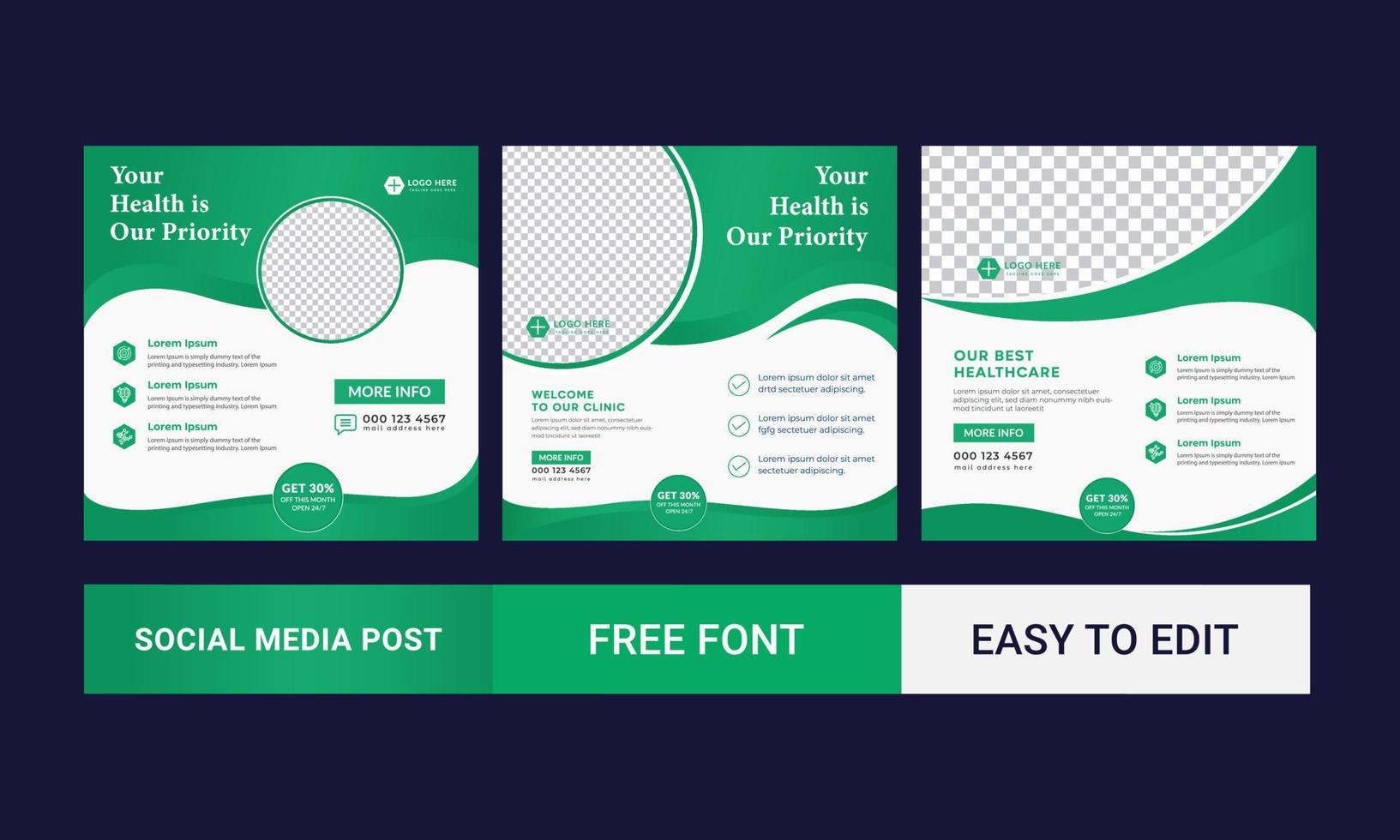 Medical Social Media Post Template, Editable Healthcare Social Media Banner Template. Social media post design free vector. Anyone can use This Design Easily vector