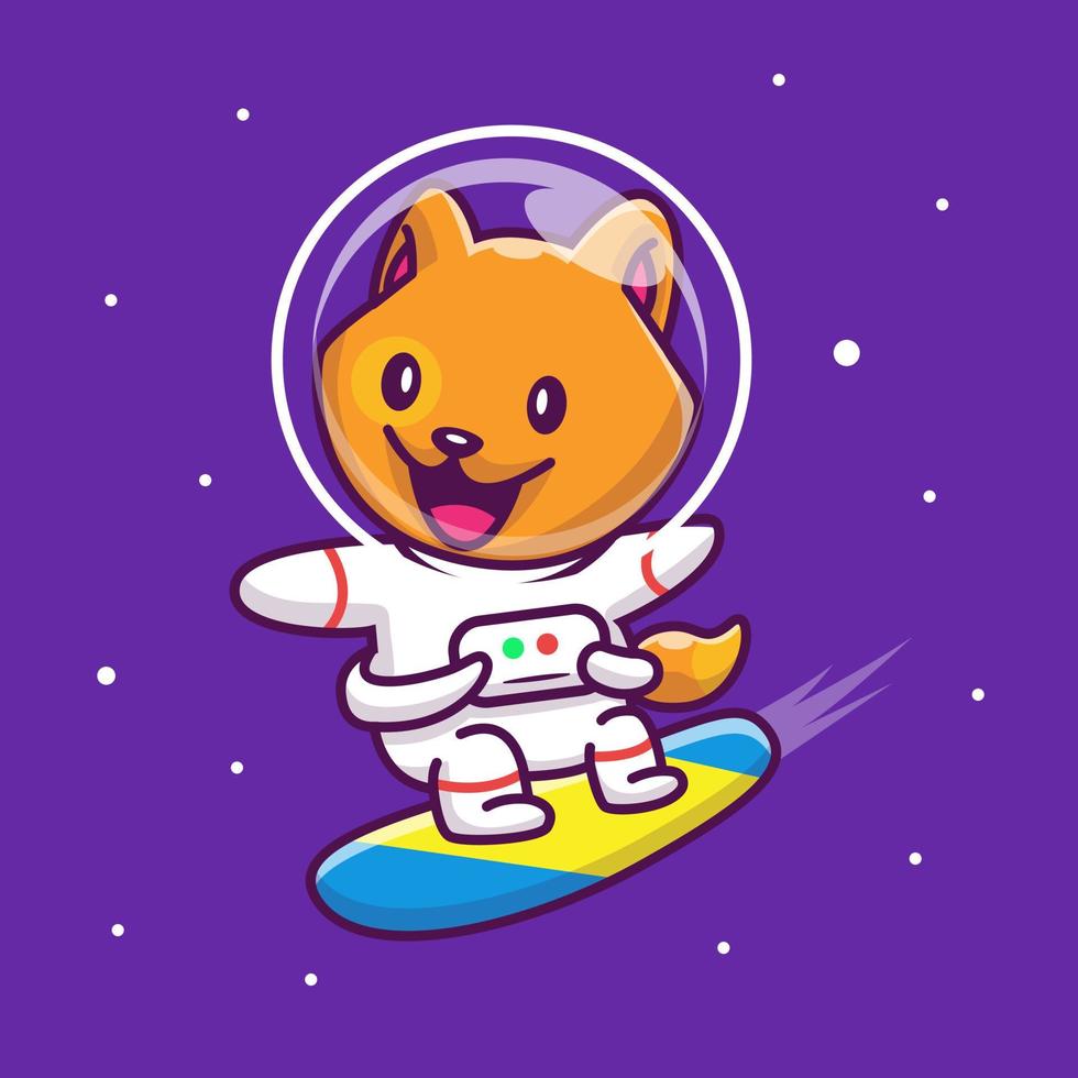 lindo gato astronauta surfeando en el espacio dibujos animados vector icono ilustración. concepto de icono de tecnología animal vector premium aislado. estilo de dibujos animados plana.