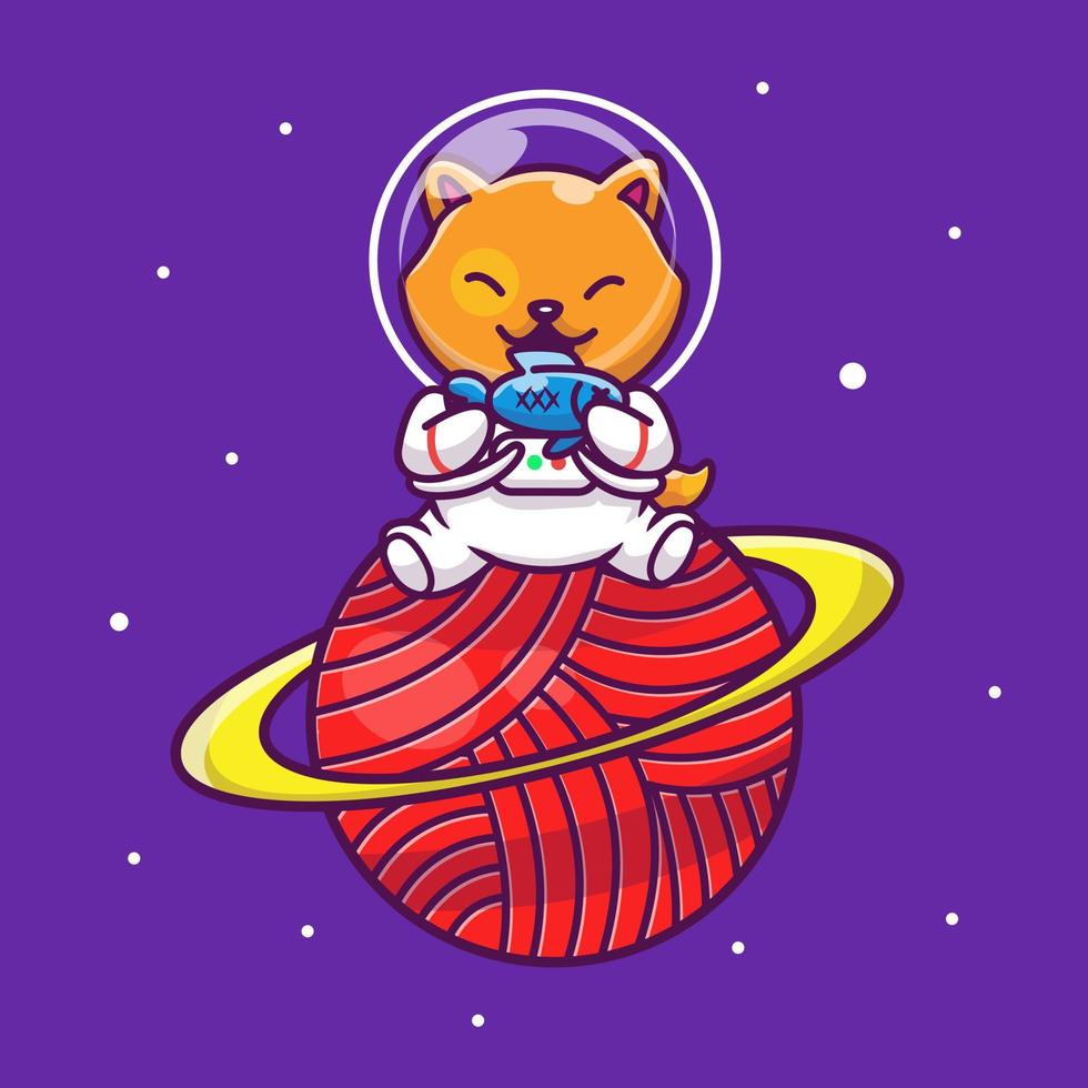 Cute Cat Astronaut Sitting On Planet With Fish Cartoon Vector  Icon Illustration. Animal Technology Icon Concept Isolated  Premium Vector. Flat Cartoon Style.