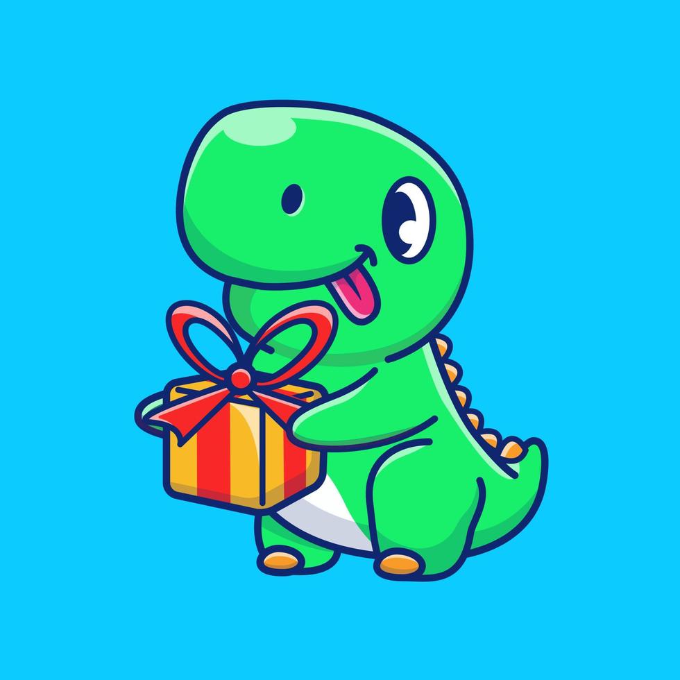 Cute Dinosaur Holding Gift Cartoon Vector Icon Illustration.  Animal Nature Icon Concept Isolated Premium Vector. Flat  Cartoon Style.