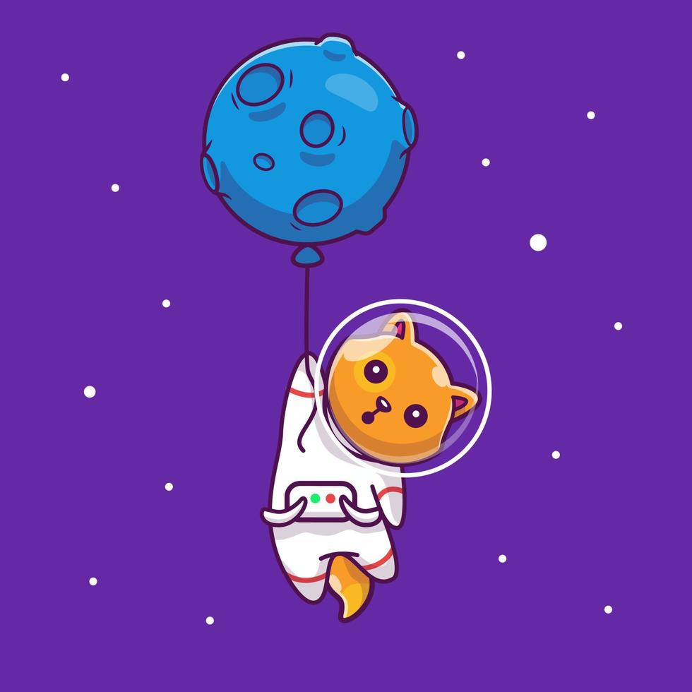 lindo gato astronauta flotando y sosteniendo la luna globo dibujos animados vector icono ilustración. concepto de icono de tecnología animal vector premium aislado. estilo de dibujos animados plana.