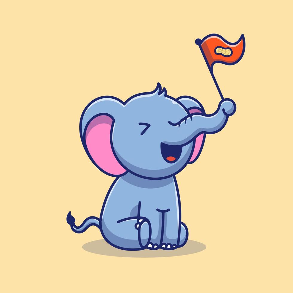 Cute Elephant With Nut Flag Cartoon Vector Icon Illustration.  Animal Nature Icon Concept Isolated Premium Vector. Flat  Cartoon Style.