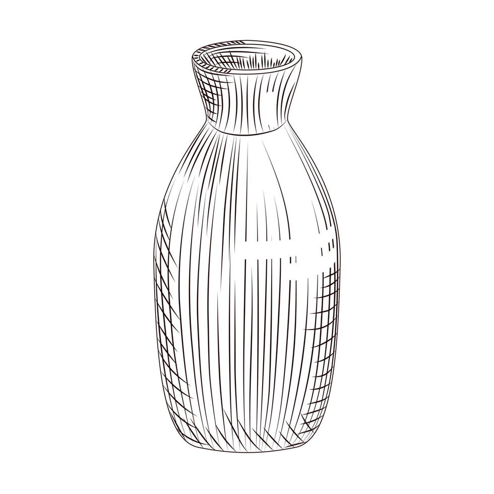 Japanese sake isolated on white background. Ceramic bottle sake hand drawn sketch. vector