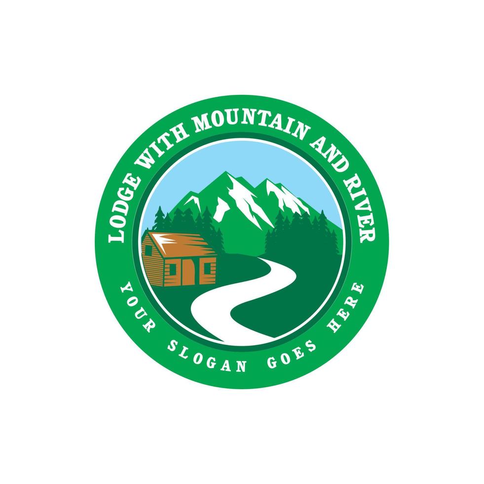 LODGE WITH MOUNTAIN AND RIVER LOGO , HOME STAY LOGO vector