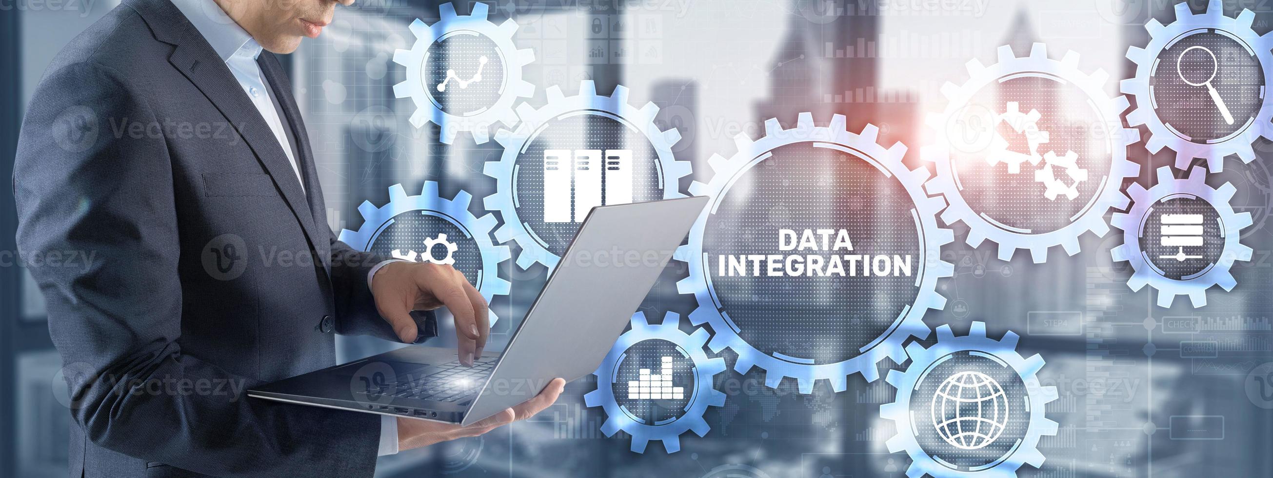 Data integration business internet technology concept. Mixed media photo