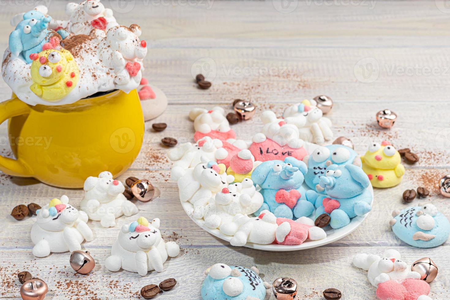 Marshmallow in the form of handmade animals on a light background. In a cup of coffee. Women's Day, Valentine's Day. photo