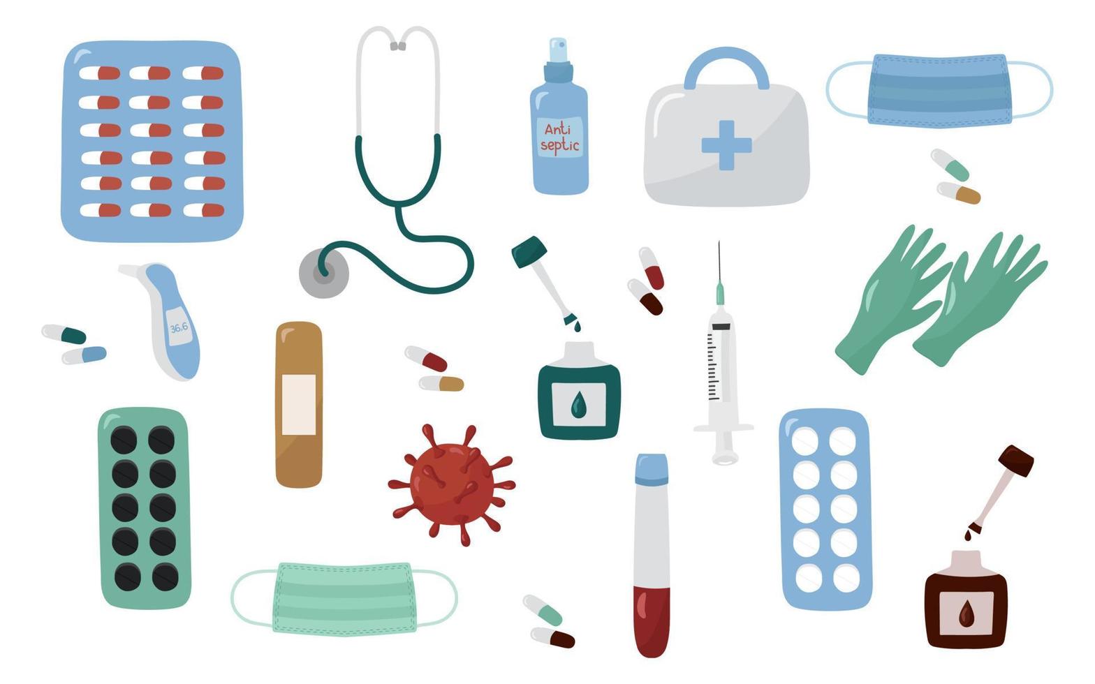 Medical equipment and medicines, Seth. Vector. In the style of hand drawing. vector
