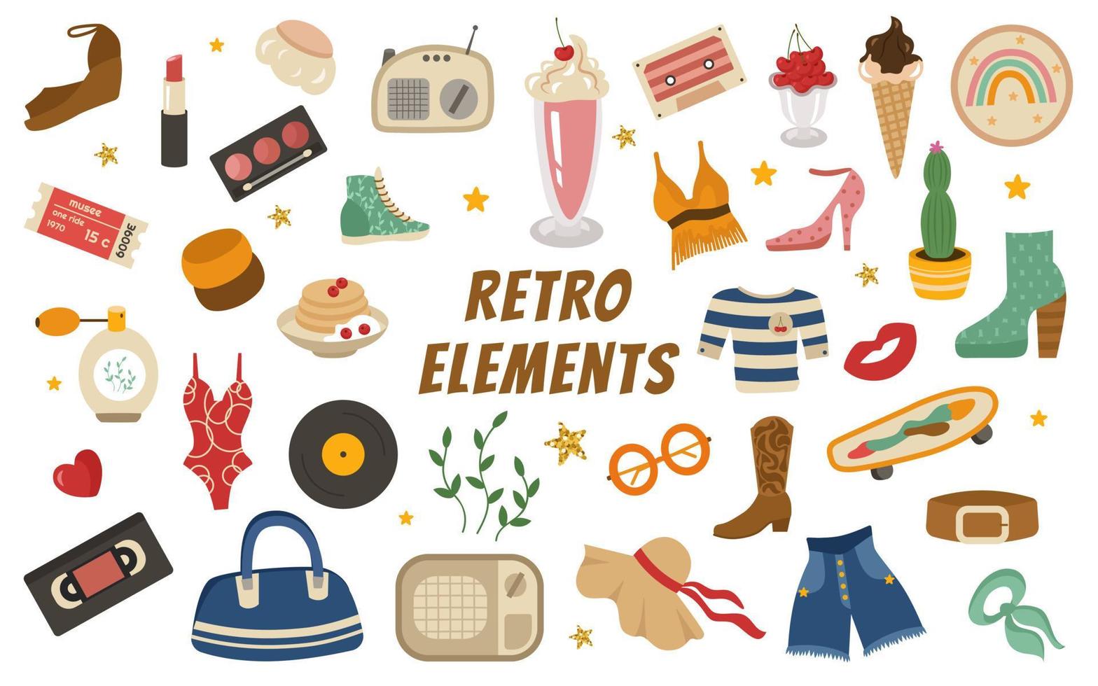 Retro set of elements of the 60-70s. Cocktail, T-shirt, sneakers, ticket, record, rainbow, hat, perfume, belt, neckerchief, bracelets, gold stars, cassettes. Vector vintage collection of themed items.