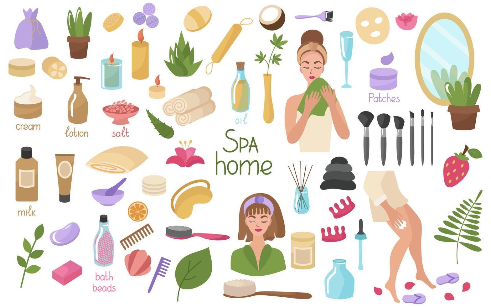 Home spa, a large set for face and body. Girls, towels, cosmetics, dried flowers, skin care cream. Candle, brush, oil, lotion in jars and tubes. Vector illustration isolated.