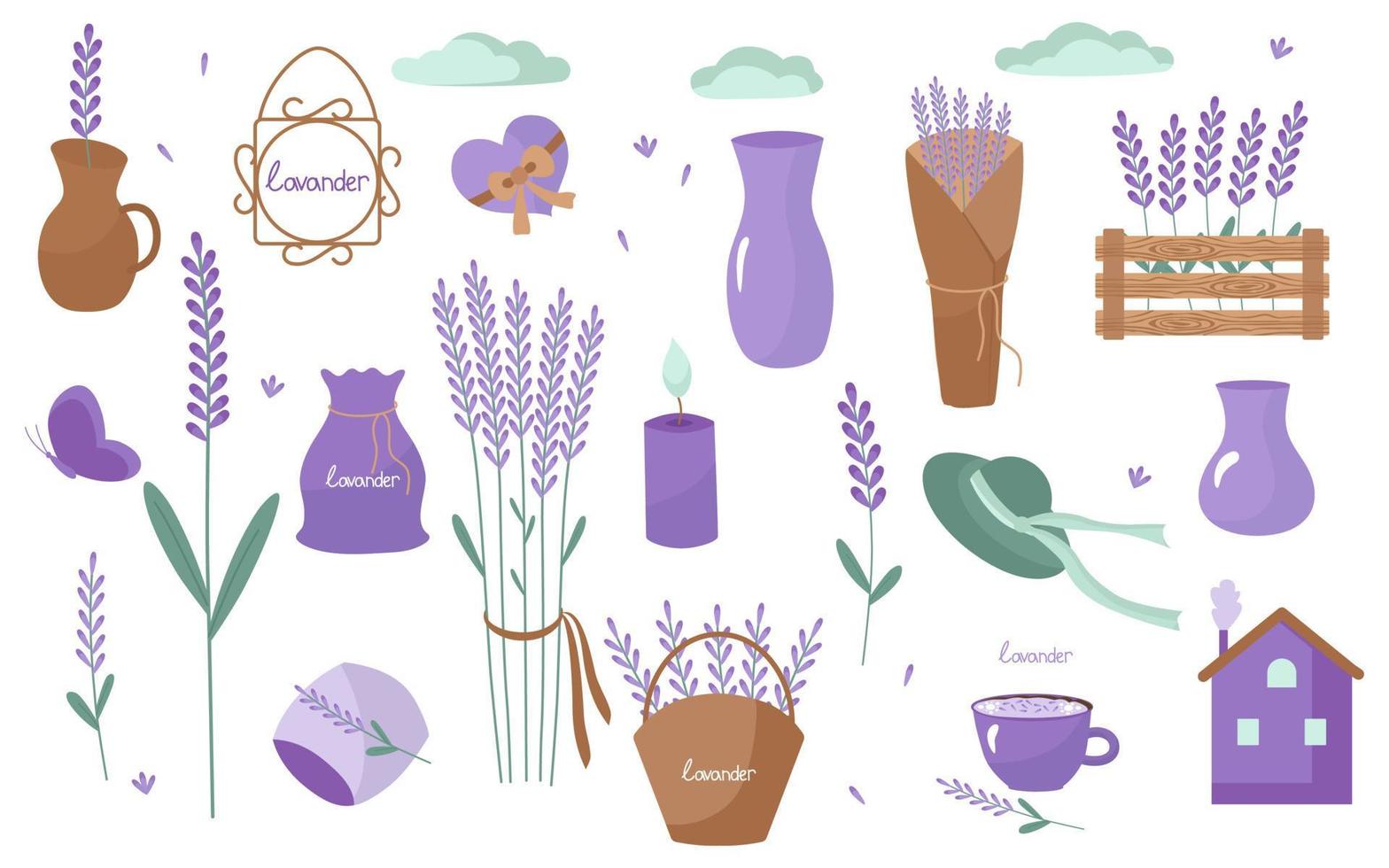 flores de lavanda es una colección de elementos románticos al estilo provenzal. ilustración vectorial aislada. para diseño, impresión en papel o tela vector