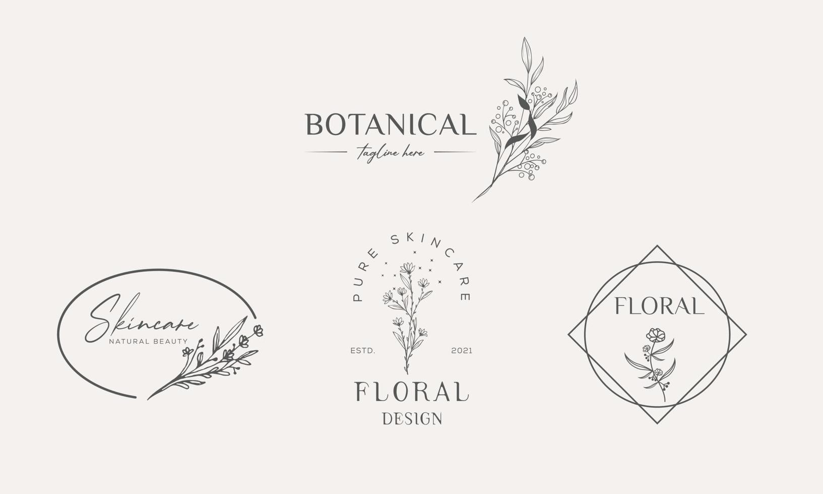 Botanical Floral element Vector Trendy Hand Drawn Logo with Wild Flower and Leaves. Logo for spa and beauty salon, boutique, organic shop, wedding, floral designer, interior, photography, cosmetic.