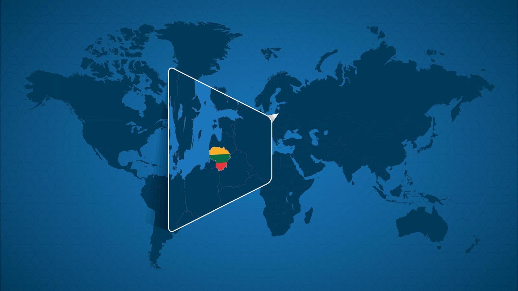 Detailed world map with pinned enlarged map of Lithuania and neighboring countries. vector