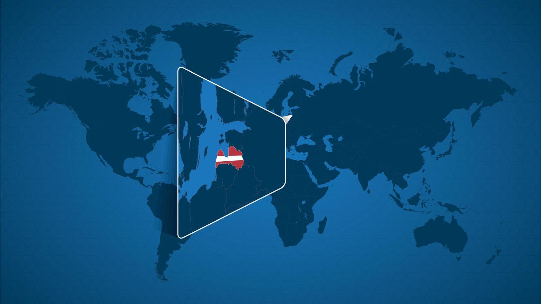 Detailed world map with pinned enlarged map of Latvia and neighboring countries. vector