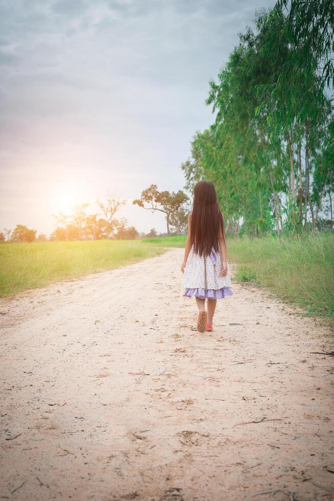 una niña pequeña con el pelo largo vestido se aleja de ti por un camino rural. foto