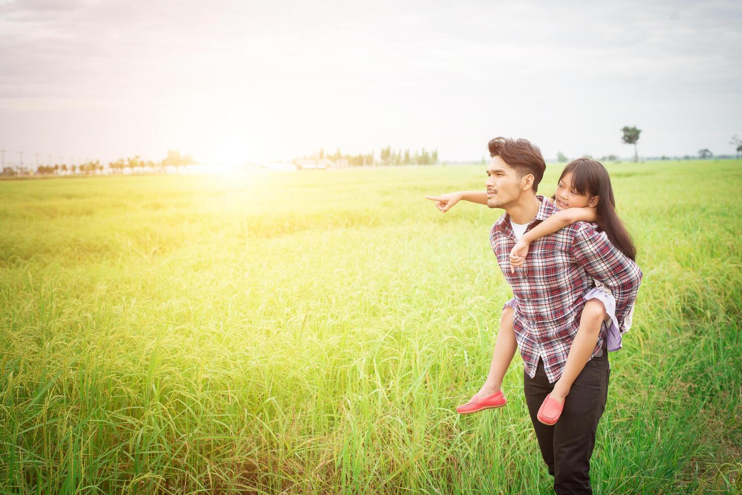 Happy Father and little girl playing at the meadows field, enjoying together. photo