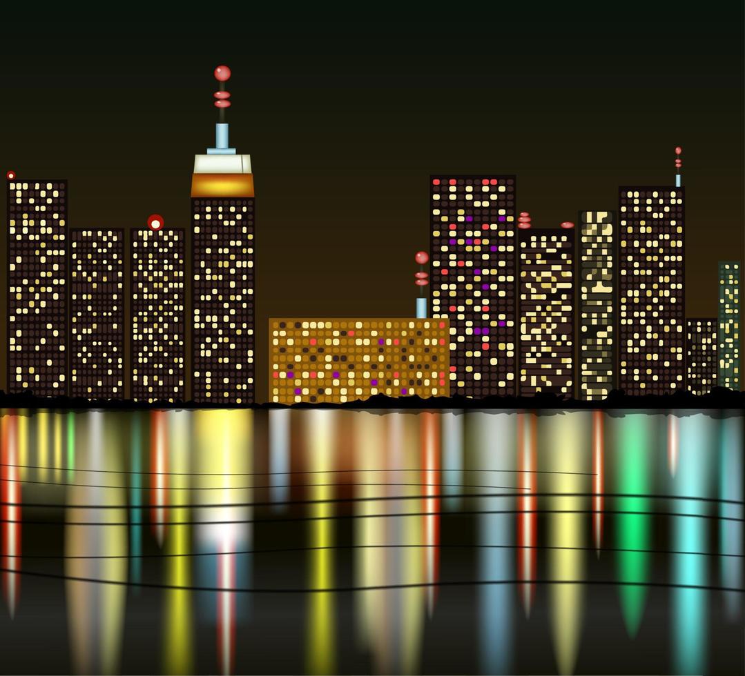 ciudad de noche con reflejo en el agua vector