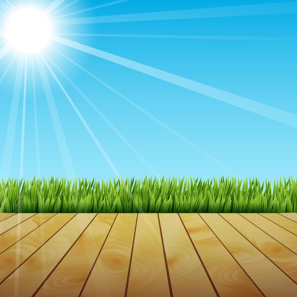 hierba verde de primavera fresca con luz solar y suelo de madera vector