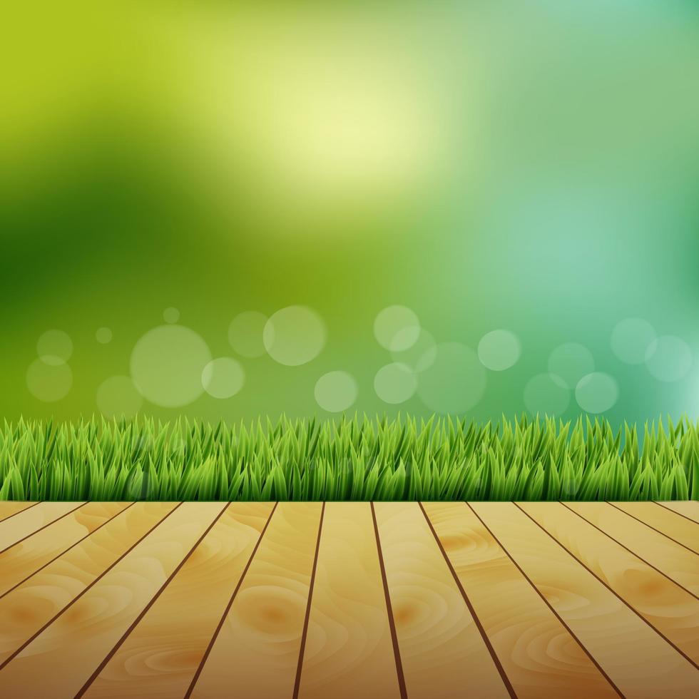 hierba verde de primavera fresca con bokeh y luz solar y suelo de madera vector