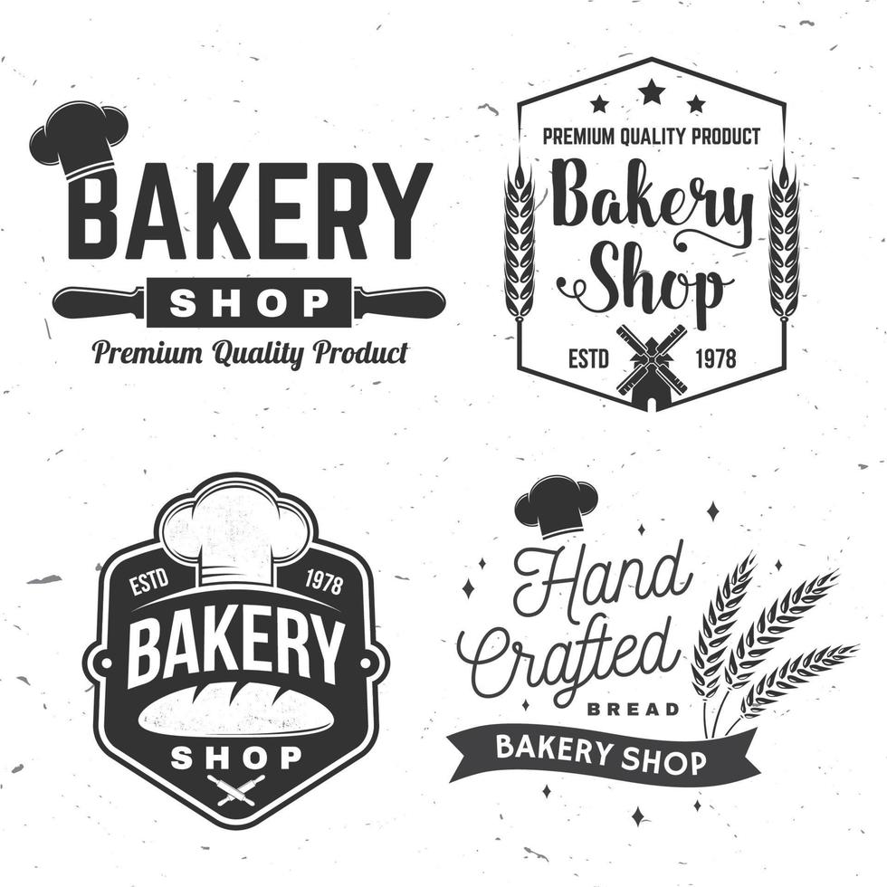 Set of Bakery shop badge. Vector Concept for badge, shirt, label, print, stamp, tee. Design with windmill, rolling pin, dough, wheat ears silhouette. For restaurant identity objects, packaging, menu