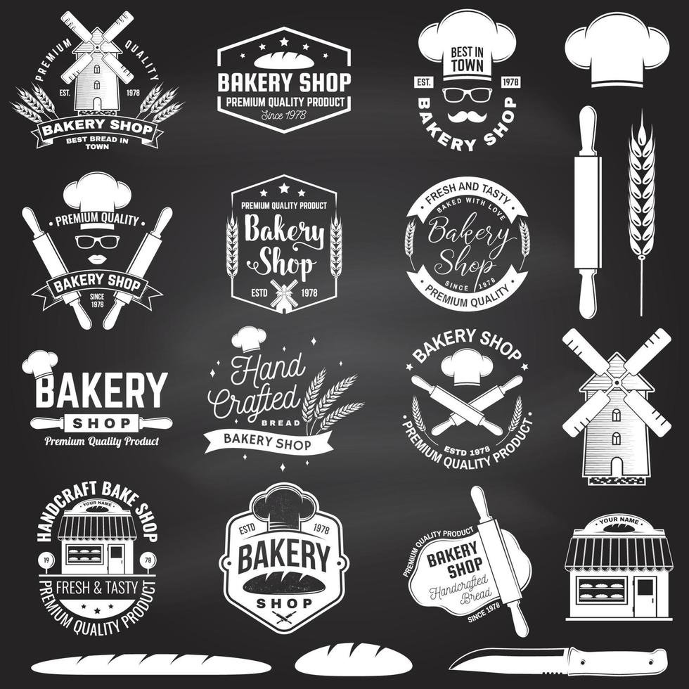 Set of Bakery shop badge on the chalkboard. Concept for badge, shirt, label, stamp. Design with windmill, rolling pin, dough, wheat ears silhouette. For restaurant identity, packaging menu vector