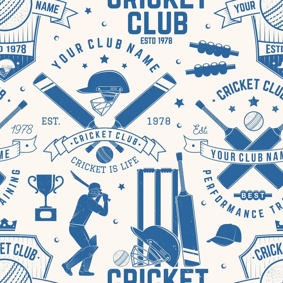 Cricket club seamless pattern or background. Vector. Seamless sport pattern with cricket ball, wicket, bail and helmet silhouette. Cricket sport club texture. vector