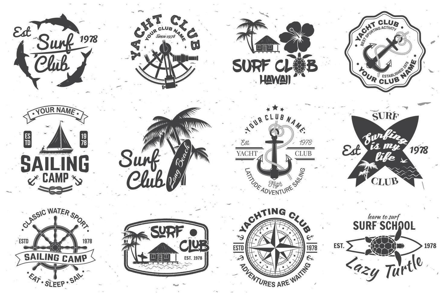 Set of sailing camp, yacht club and surf club badges. Vector. Concept for shirt, print, stamp. Vintage typography design with surfboard and sailing boat silhouette. Extreme water sport. vector