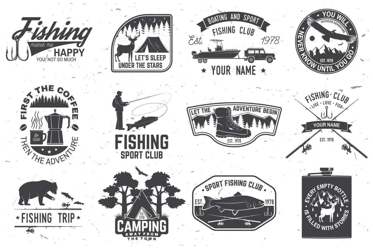 conjunto de parches de aventuras al aire libre con citas inspiradoras, insignias del club de pesca. vector. concepto para camisa o estampado, sello o camiseta. diseño vintage con remolque rv, tienda de campaña, caña de pescar, oso. vector