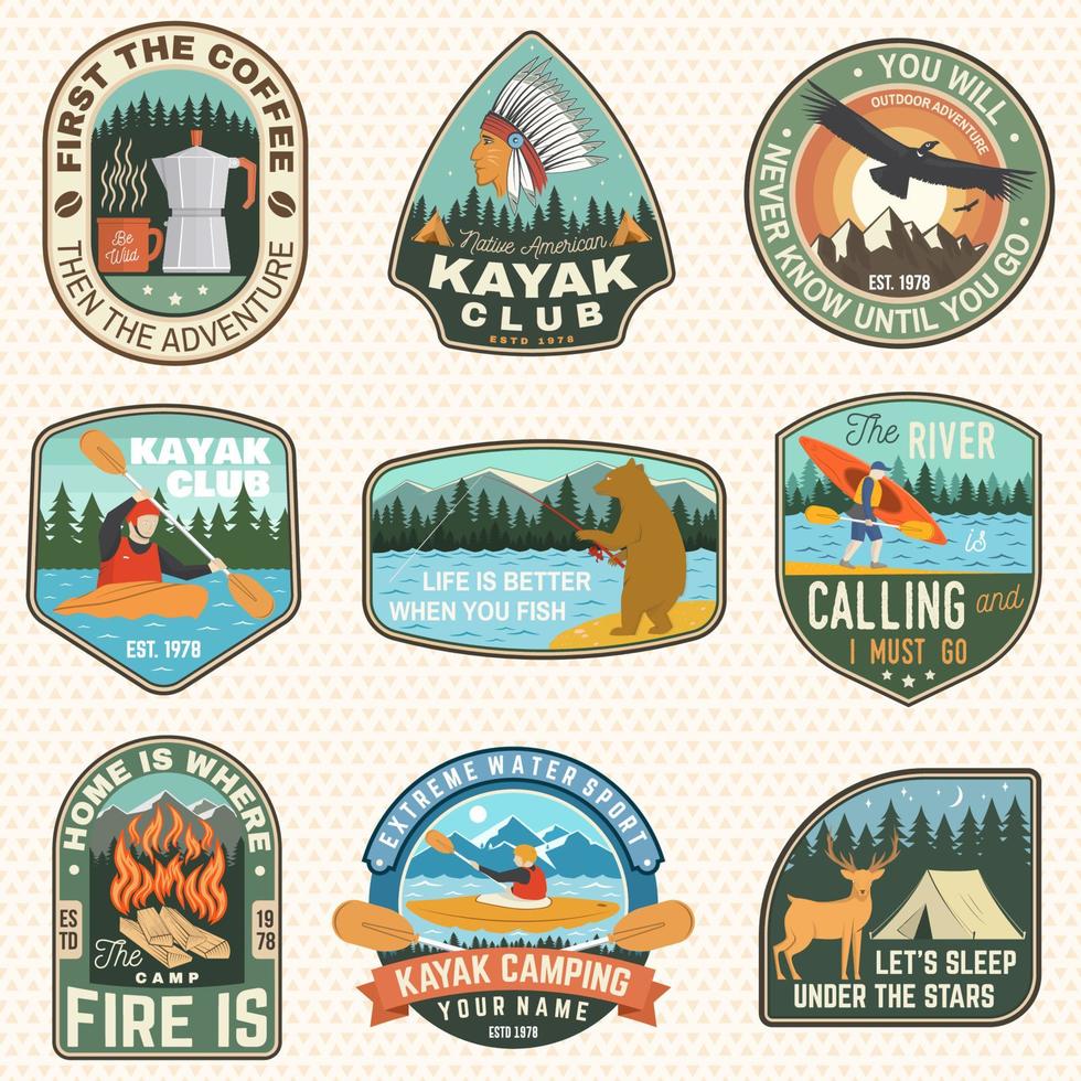 Set of Summer camp badges, patches. Vector. Concept for shirt or logo, print, stamp, patch or tee. Design with coffee, camping tent, campfire, bear, canoe or kayak and forest silhouette vector