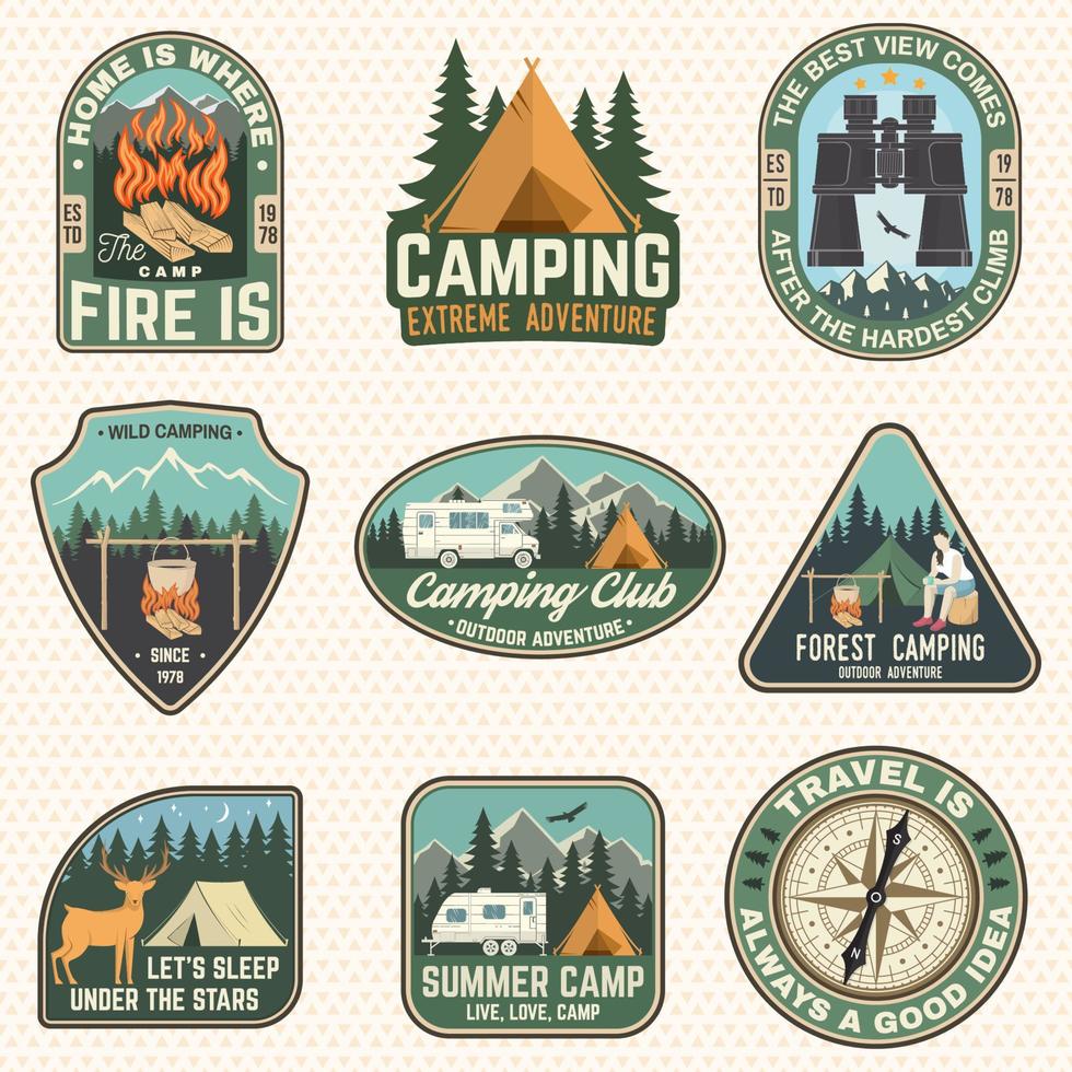 Set of Summer camp badges. Vector. Concept for shirt or logo, print, stamp, patch or tee. Design with compass, camping tent, binoculars, campfire, mountains and forest silhouette. vector