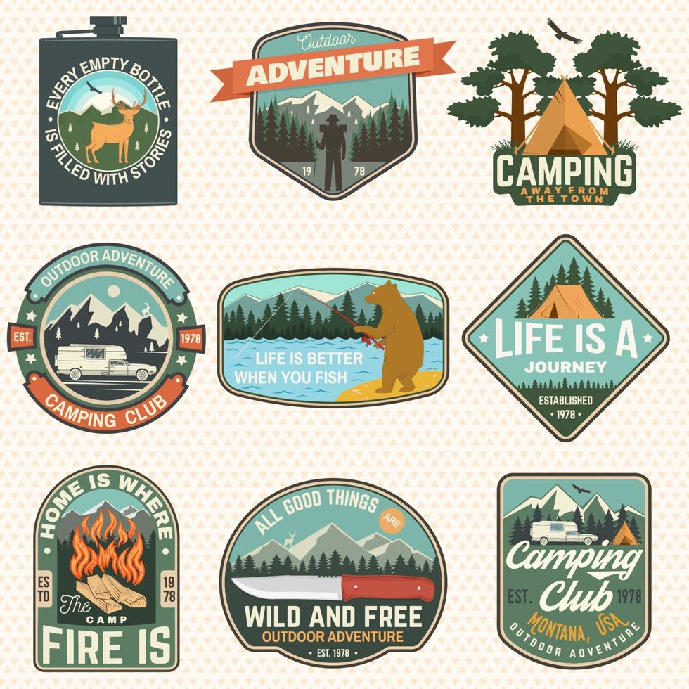 Set of Summer camp badges. Vector. Concept for badge, patch, shirt, logo, print, stamp or tee. Design with fishing bear, knife, mountains, deer, flask and mountains silhouette vector