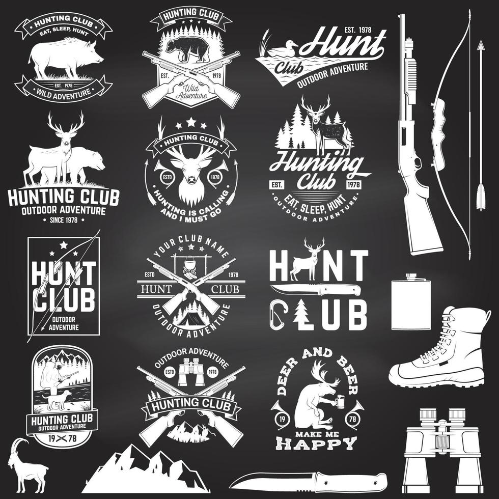 Set of Hunting club badge on the chalkboard. Vector. Concept for shirt, label, print, stamp. Vintage typography design with hunting gun, boar, hunter, bear, deer, mountains and forest. vector