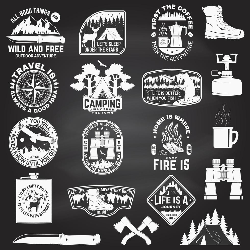 Set of outdoor adventure quotes symbol. Vector. Concept for shirt, print, stamp. Vintage design with hiking boots, binoculars, mountains, fishing bear, deer, tent and forest silhouette vector
